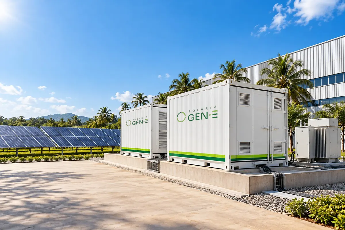 Containerised Gen-E BESS units beside a solar array