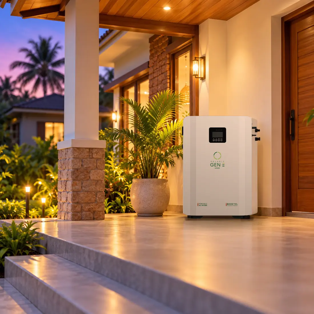 Gen-E installed on a house veranda, keeping the lights on